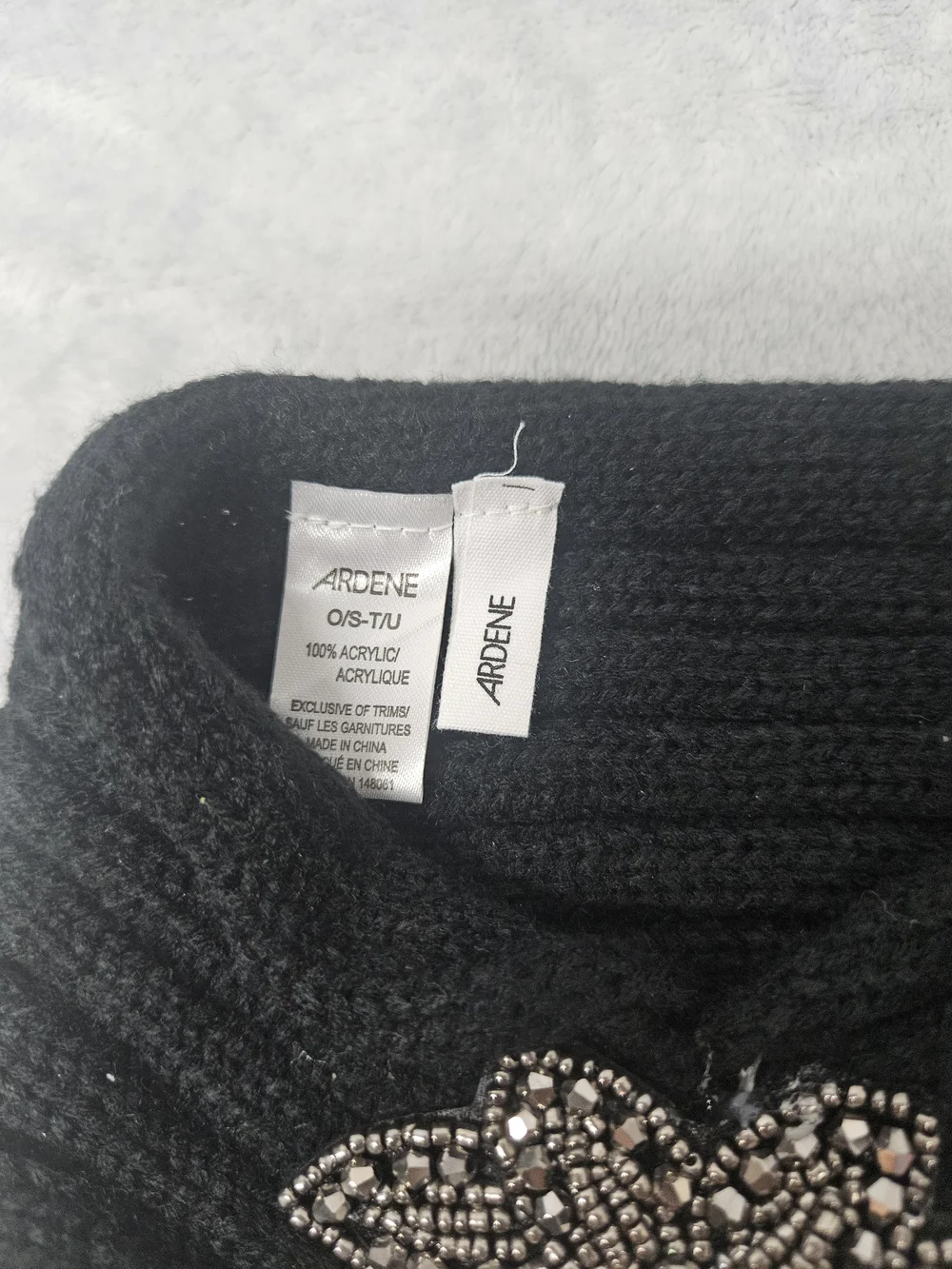 Ardene Black Ribbed Knit Head Warmer with Crystal Flower Accent